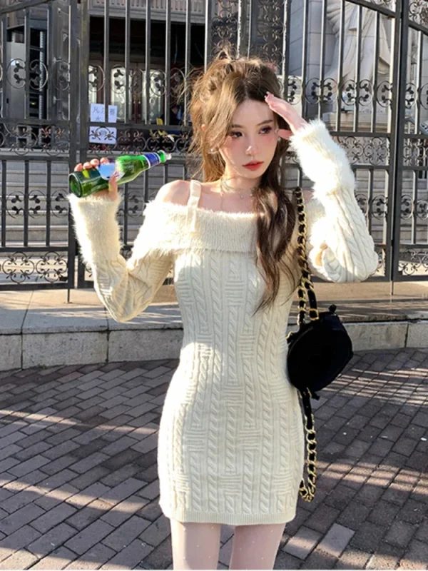 Knitted Dress Woman Chic Korean Fashion Short Party Dress