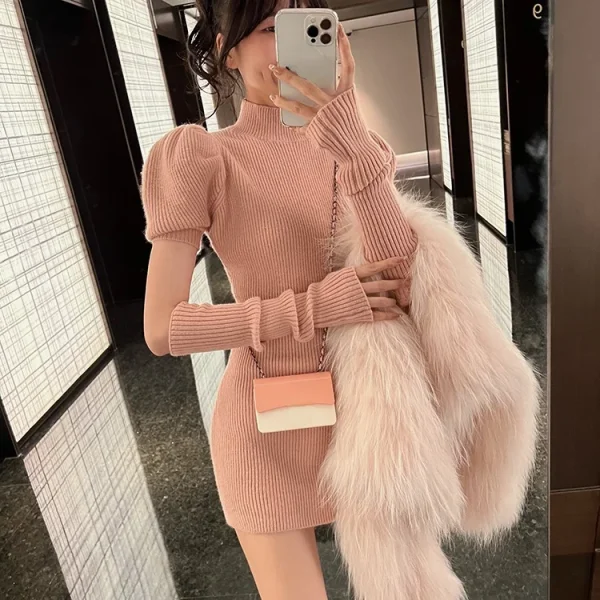 Knitted Bodycon Dress Sexy Puff Sleeve Sweater Mini Dress Women - Image 14