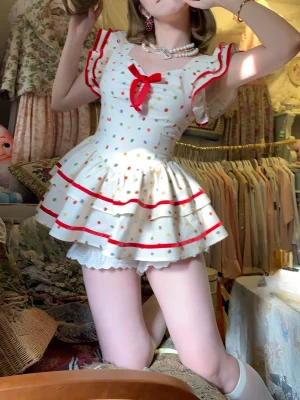 Summer Dress Woman Lolita Sweet Polka Dot Flying Sleeve Dress Bow Ruffles