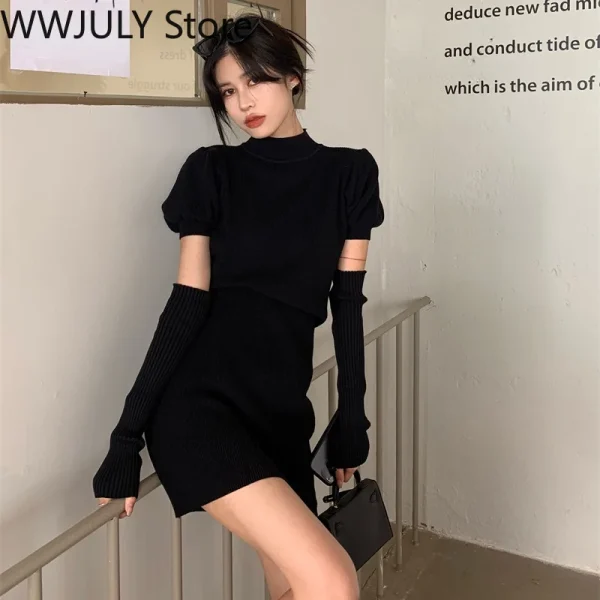 Knitted Bodycon Dress Sexy Puff Sleeve Sweater Mini Dress Women - Image 5