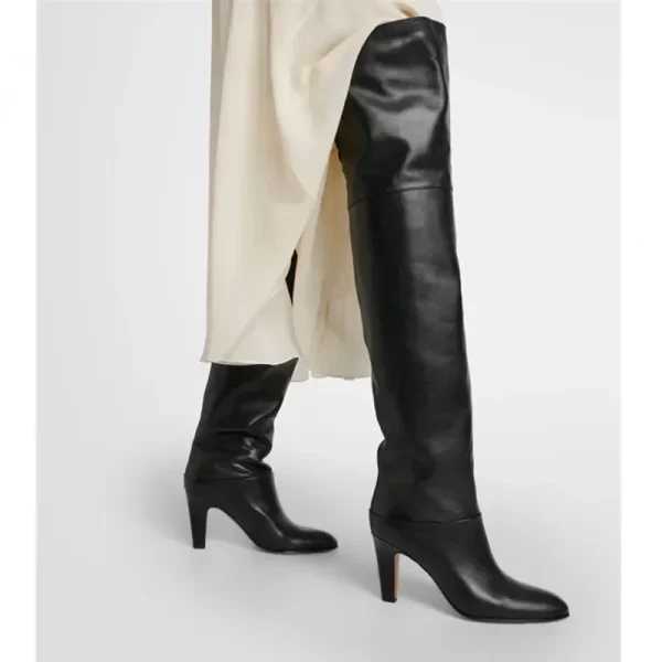 Women's Leather Thick High Heels Knee High Boots Autumn and Winter Round Toe Thigh Boots - Image 2