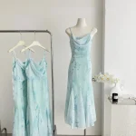 Beach Style Print Midi Dress Woman French Elegant Evening Party Dress