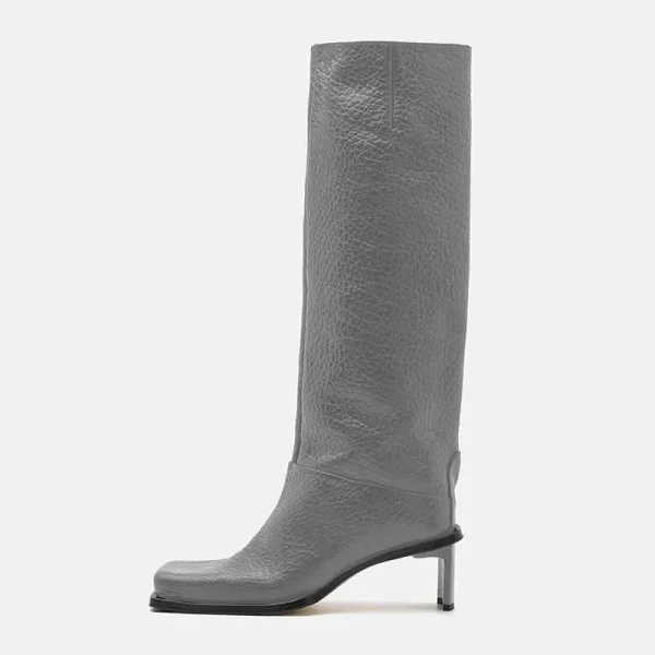 High Heels Women's Knee Length Boots with Side Zipper Stone Pattern Women's Mid Length Boots - Image 5