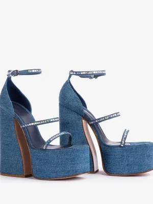 High Heel Sandals Fashion Denim Rhinestone Thick Sole Comfortable Large Women’s Sandals