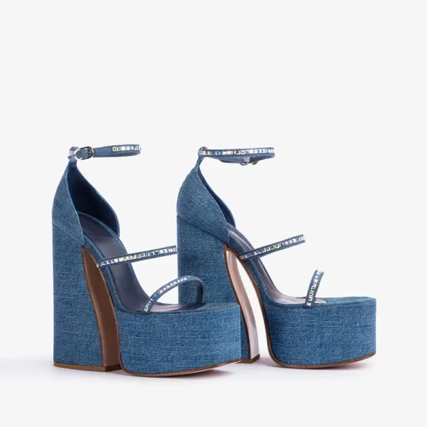 High Heel Sandals Fashion Denim Rhinestone Thick Sole Comfortable Large Women's Sandals