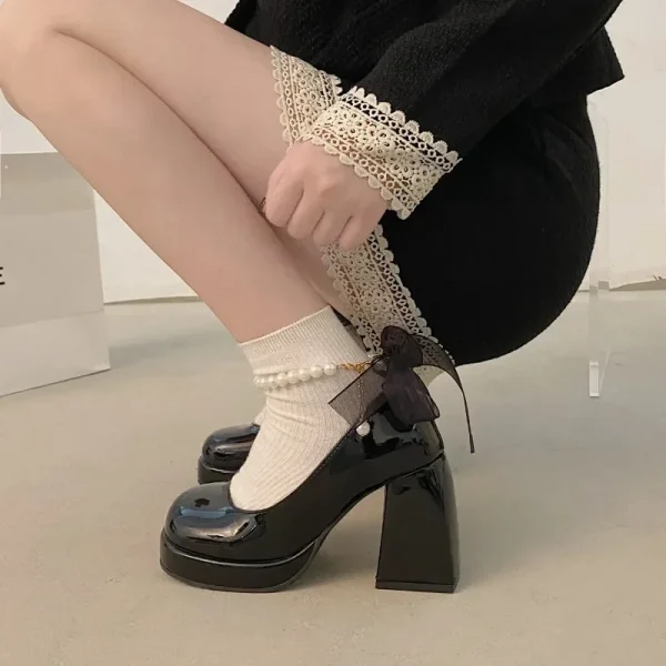 Women's Spring and Autumn New Vintage Pearl Bow Mary Jane Shoes - Image 4