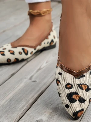 Leopard Women Pointed Toe Knitting Flats Shallow Casual Sandals 2024 Fashio