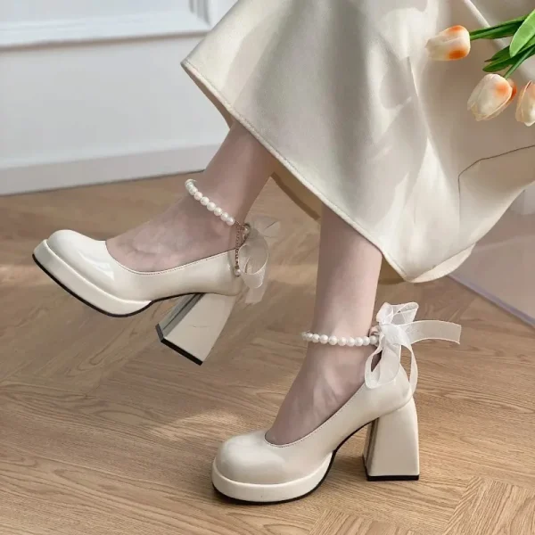 Women's Spring and Autumn New Vintage Pearl Bow Mary Jane Shoes - Image 2