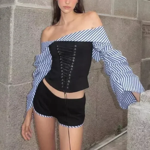 Sweet Hot Girl Sexy Suit Women Autumn Striped Bubble Sleeve Off Shoulder Top