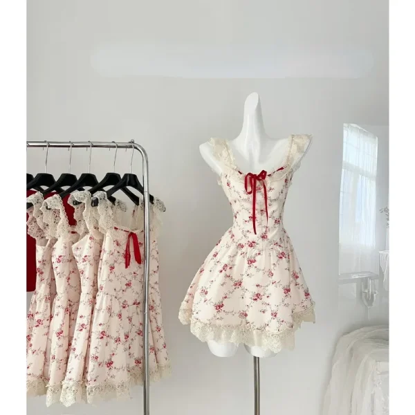 Sweet Floral Dress Set Woman Casual Red Short Cardigan Elegant Lace - Image 3