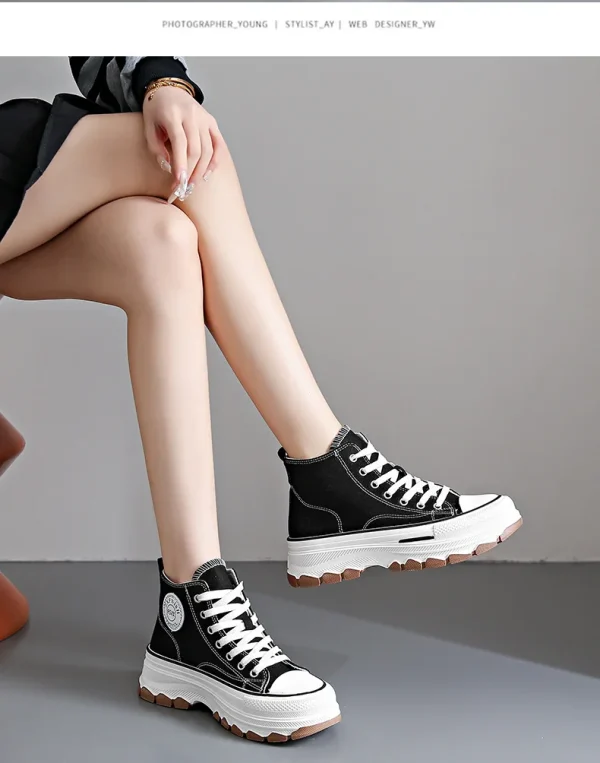 Women High Top Sneakers Lace-Up Casual Platform Height Canvas Non-slip - Image 2