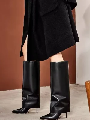 Women’s Fashionable Knee High Leather Boots, Pointed Slim High-heeled Skirt Boots