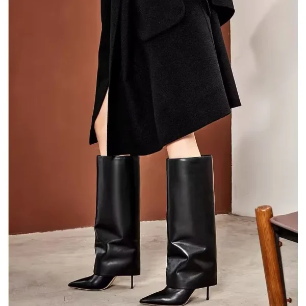 Women's Fashionable Knee High Leather Boots, Pointed Slim High-heeled Skirt Boots