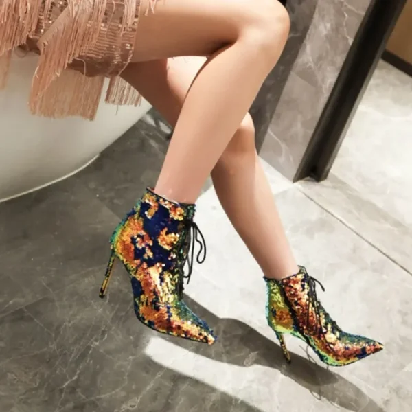 Women's Sequins Side Zipper High Heel Short Boots Fashion Sexy Party Wedding Shoes - Image 5