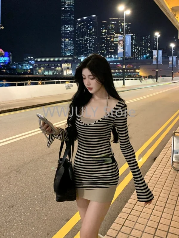 Woman Sexy Slim Bodycon Dress Set Hot Girls Elegant Stripe - Image 3