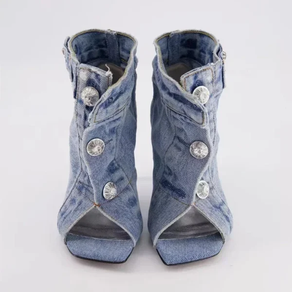 Women's Summer European and American Vintage Denim Slim High Heel Button Sandals - Image 2