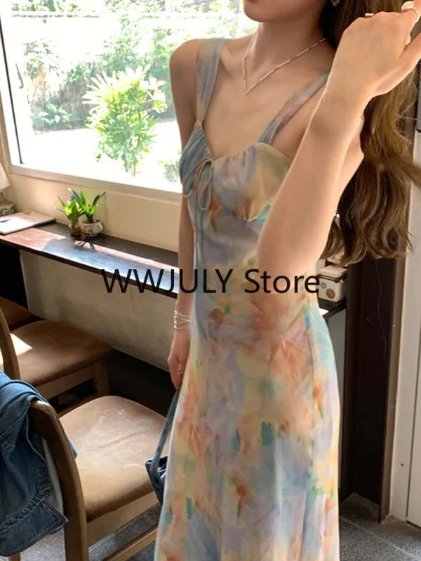 Summer French Elegant Floral Midi Dress Woman Beach Boho Sleeveless - Image 2