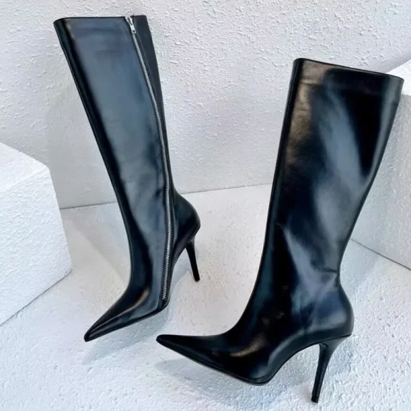 Women's Stiletto Heels Knee Length Boots, Large Leather Women's Boots with Fashionable Side Zippers - Image 10