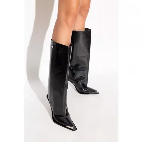 Metal Pointed Patent Leather Knee High Boots, Slim High Heels, Wide Tube Women's Oversized Boots - Image 6