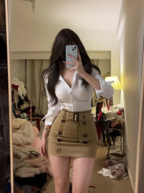 Office Lady Skirt Sets Women Casual Slim White Shirt