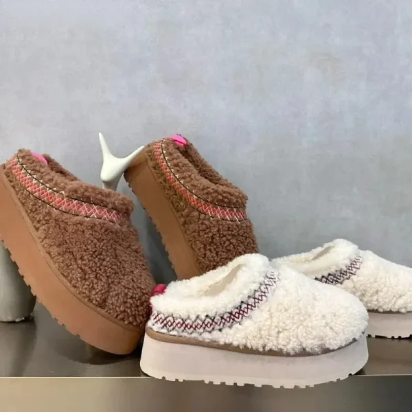 Women Fur Slippers Ankle Boots Flats Platform Short Plush Warm Flip Flops Cotton Shoes