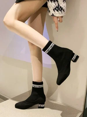 Women’s Knitted Ankle Boots Pointed Toe Stretchy Chunky Med Heels Fashion Sock Short Botas