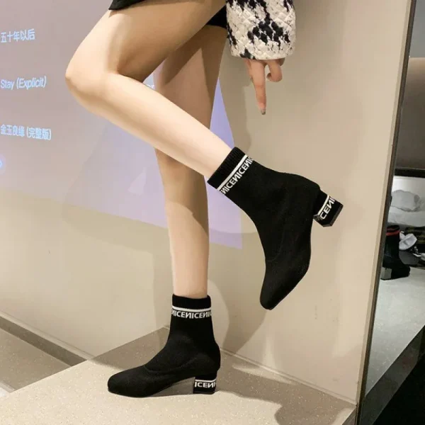 Women's Knitted Ankle Boots Pointed Toe Stretchy Chunky Med Heels Fashion Sock Short Botas