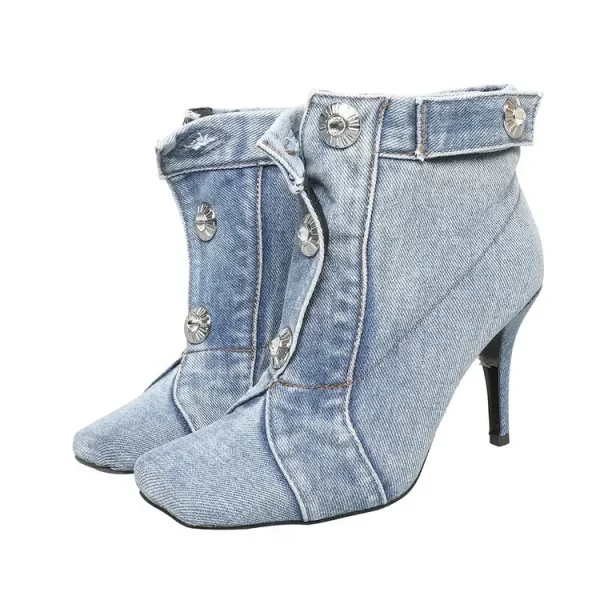 Women's Summer European and American Vintage Denim Slim High Heel Button Sandals - Image 6