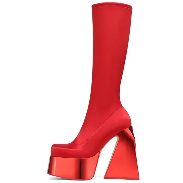 Thick Soled High Tube Thick High Heel Thin Leg Elastic Boots Square Head Punk Style Knee - Image 4