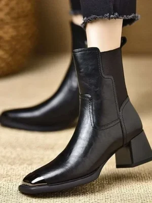 Split Leather High Quality Ankle Boots for Women Pointed Toe Zipper Chunky High Heels