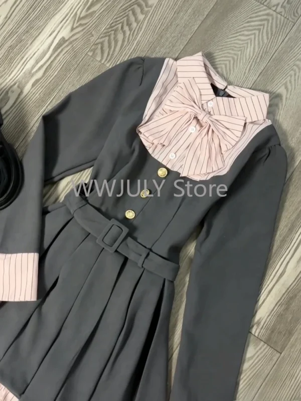 Vintage Blue Stripe Patchwork Elegant Long Sleeve Mini Dress Women - Image 3