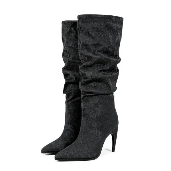 High Heels Knee Length Women's Boots with Pointed Folds Women's Large Boots - Image 6