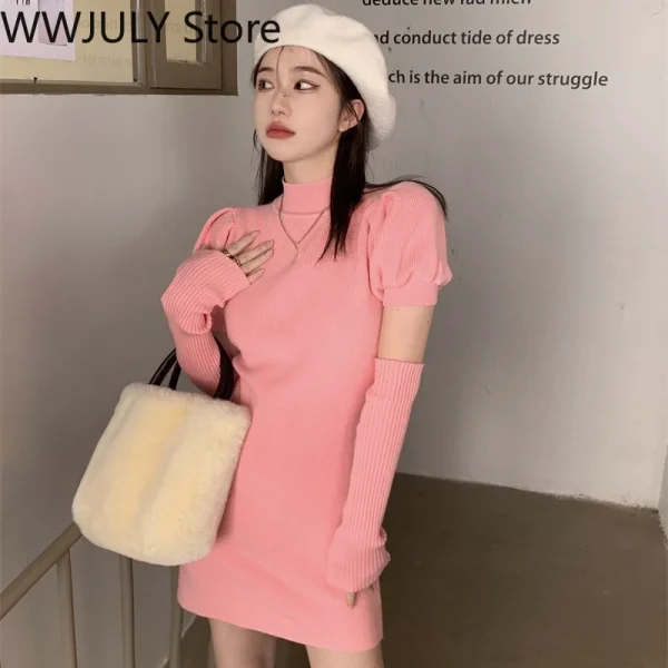 Knitted Bodycon Dress Sexy Puff Sleeve Sweater Mini Dress Women - Image 4