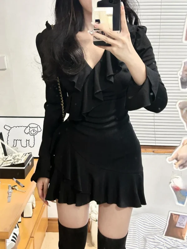 Mini Dress Casual Long Sleeve Short Party Dress Office Lady Slim Pure Color Dress