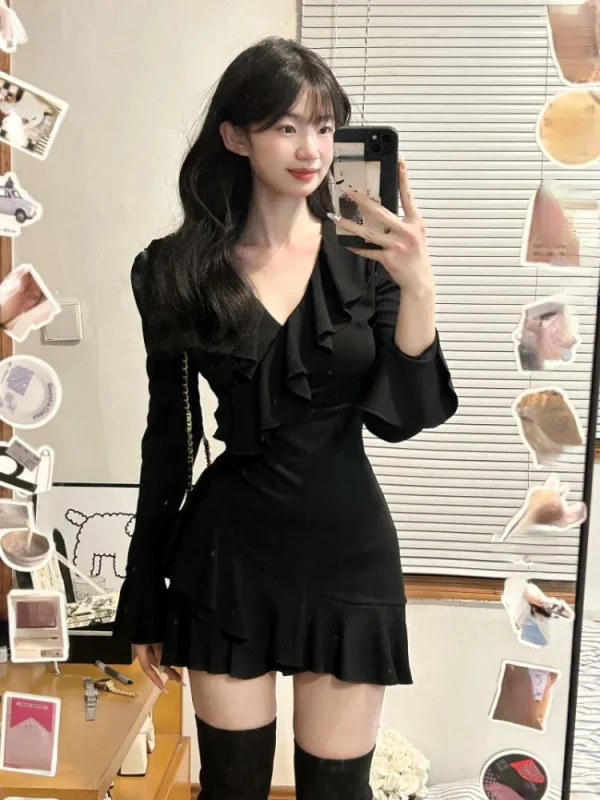 Mini Dress Casual Long Sleeve Short Party Dress Office Lady Slim Pure Color Dress - Image 2