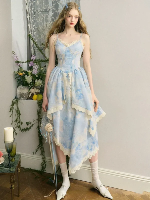 Woman Holiday Sleeveless Evening Party Dress Korean Fashion Irregular Lace Dress - Image 2