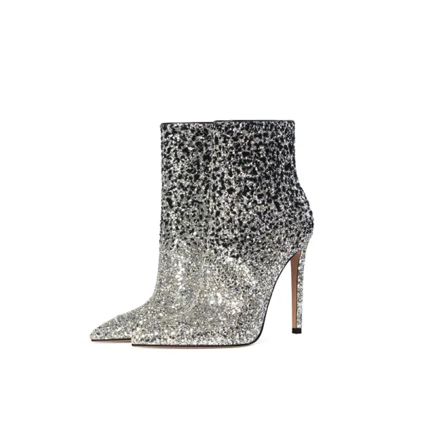 Winter New High Heel Short Boots Fashion Sequins Pointed Head Side Zipper Women's Boots - Image 5