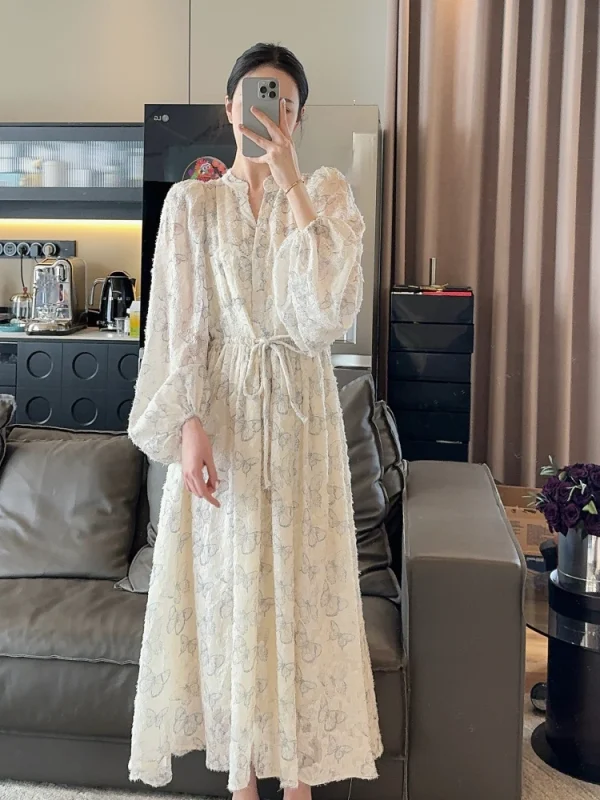 Woman French Elegant Midi Dress Even Party Long Sleeve Fairy Dress - Image 2