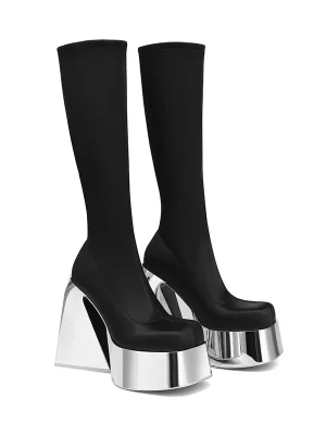 Thick Soled High Tube Thick High Heel Thin Leg Elastic Boots Square Head Punk Style Knee