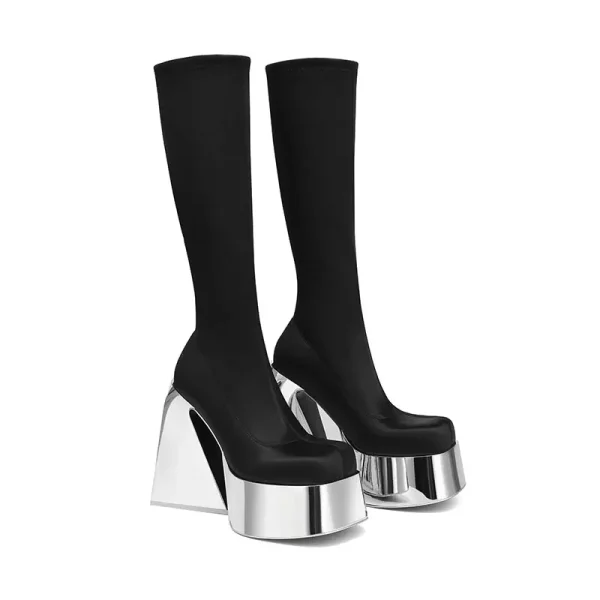 Thick Soled High Tube Thick High Heel Thin Leg Elastic Boots Square Head Punk Style Knee