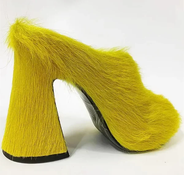 Ladies' Autumn and Winter New Style Horsehair Thick High-heeled Slippers - Image 9