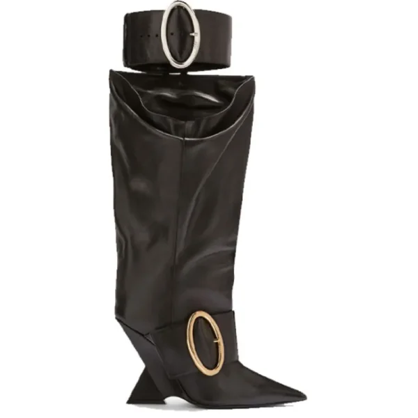 Women's Belt Buckle Knee Length Women's Boots Fashion Pointed Shaped High Heel - Image 11