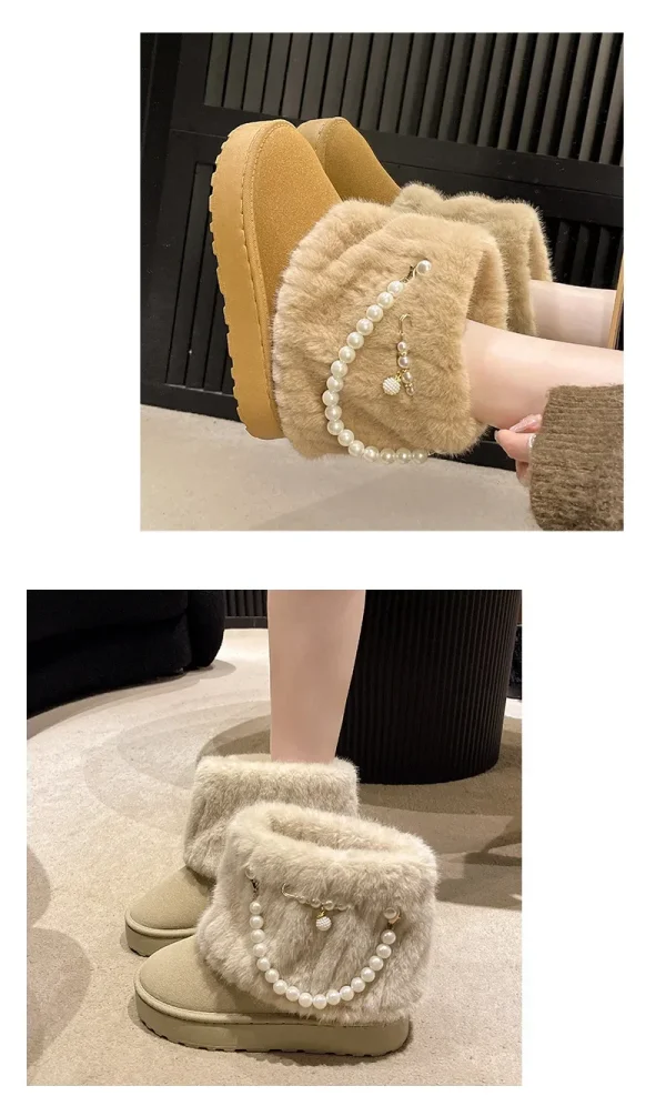 Winter Pearl Chain Decore Warm Snow Boots for Women Fluffy Plush - Image 8