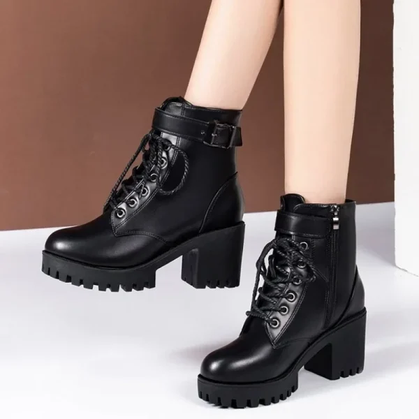 Women Winter Leather Women Winter Boots Thick Wool Warm High-heeled - Image 2