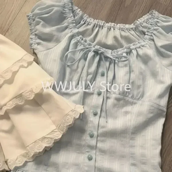 Sweet Square Collar Lace Up Blouses Ruffles Shirts Women - Image 3