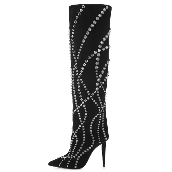 Women's Slim High Heels, Pointed Rivets, Knee Length Boots, Fashionable Party Oversized Mid Size Boots - Image 5