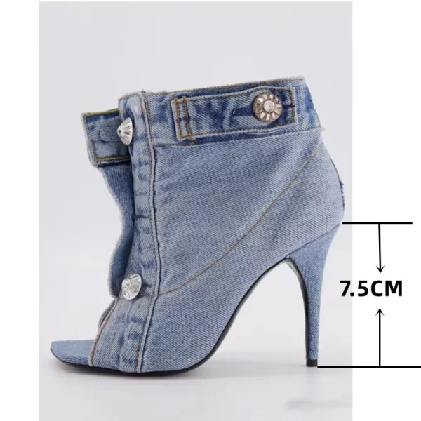 Women's Summer European and American Vintage Denim Slim High Heel Button Sandals - Image 9