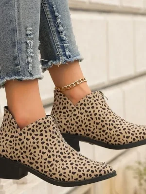 Women’s Single Boot Large Leopard Print Front Zipper Square Heel Short Boots