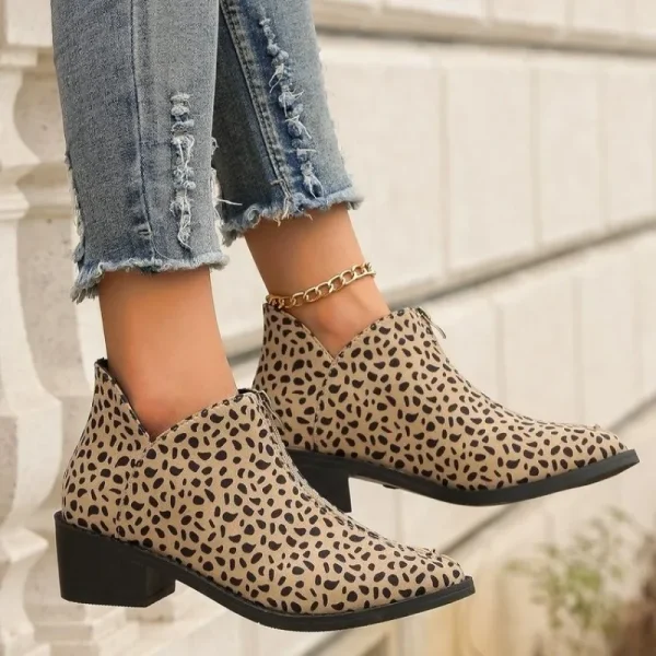 Women's Single Boot Large Leopard Print Front Zipper Square Heel Short Boots