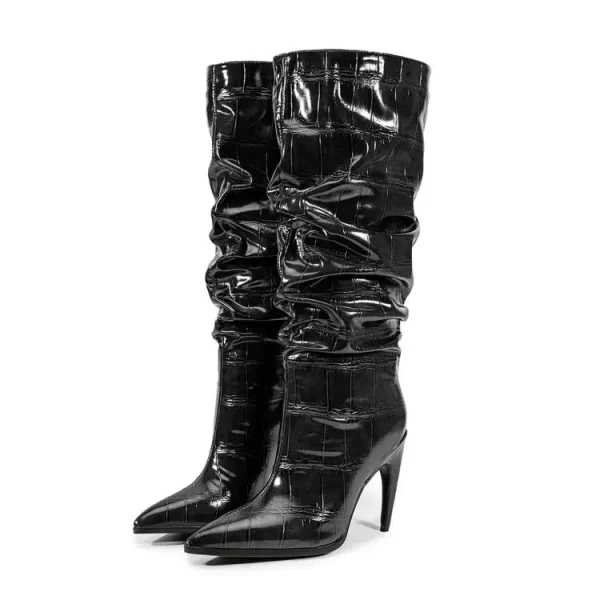 High Heels Knee Length Women's Boots with Pointed Folds Women's Large Boots - Image 5